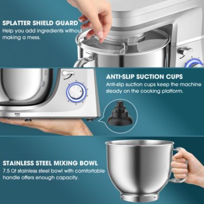 7.5 Qt Tilt-Head Stand Mixer 6 Speed with Egg Whisk, Dough Hook & Whisk
