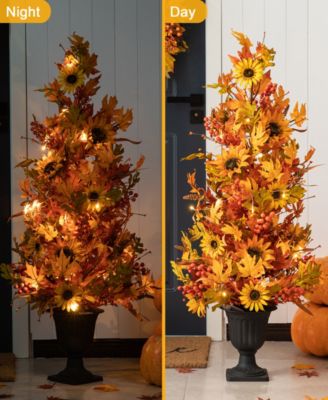 48"H Fall Lighted Maple Leaf and Sunflower Urn Porch Tree with Timer