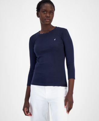 Nautica Jeans Women's Cotton Scalloped-Neck 3/4-Sleeve Top