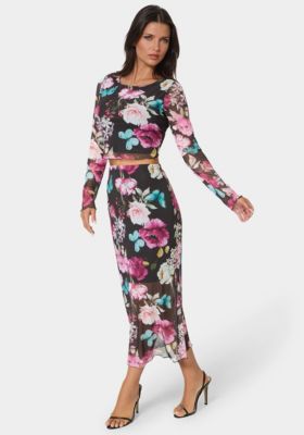 Women's Mesh Printed Two Piece Long Sleeve Set