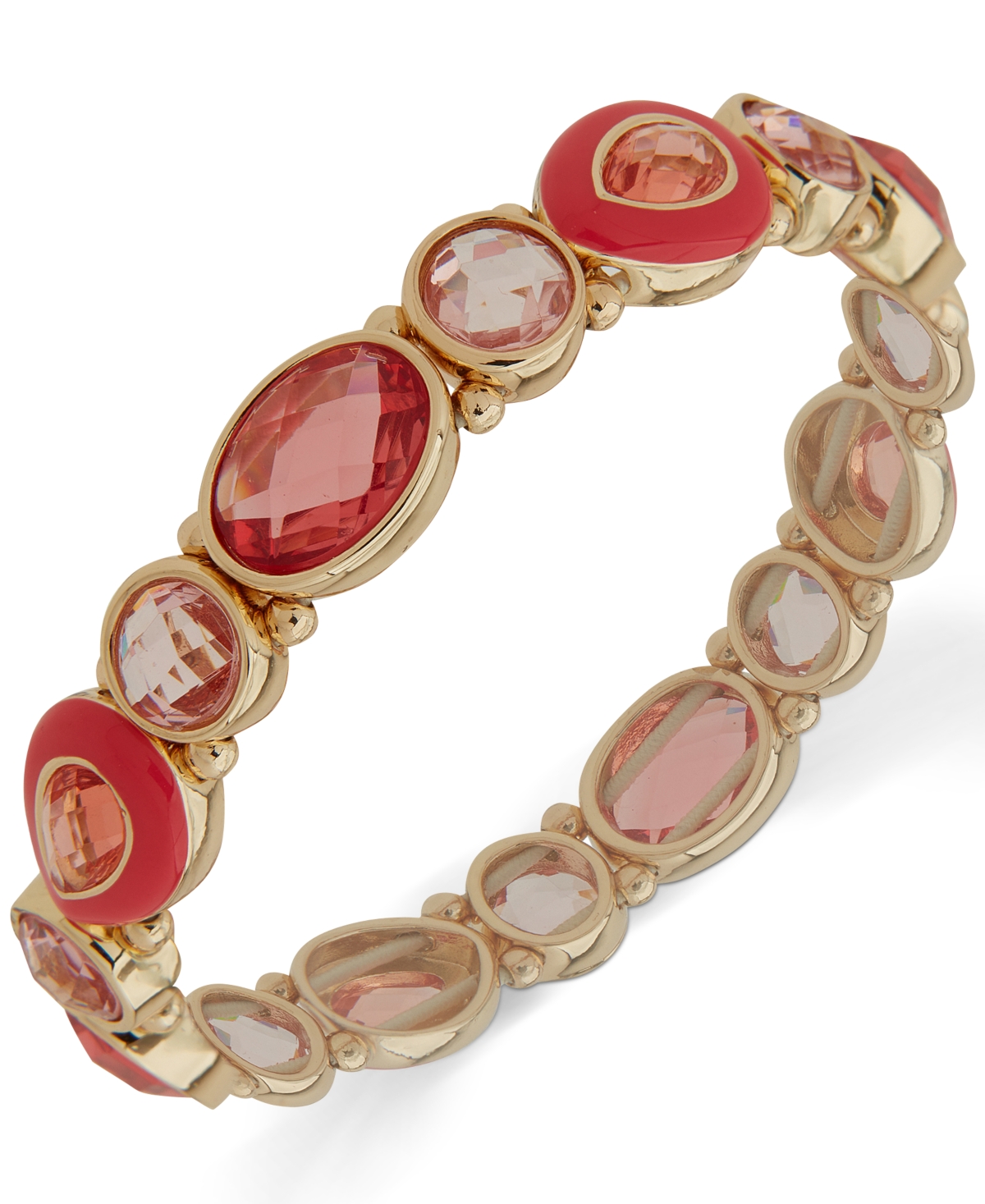 Gold-Tone Pink Multi Stone Enamel Stretch Bracelet - Pink