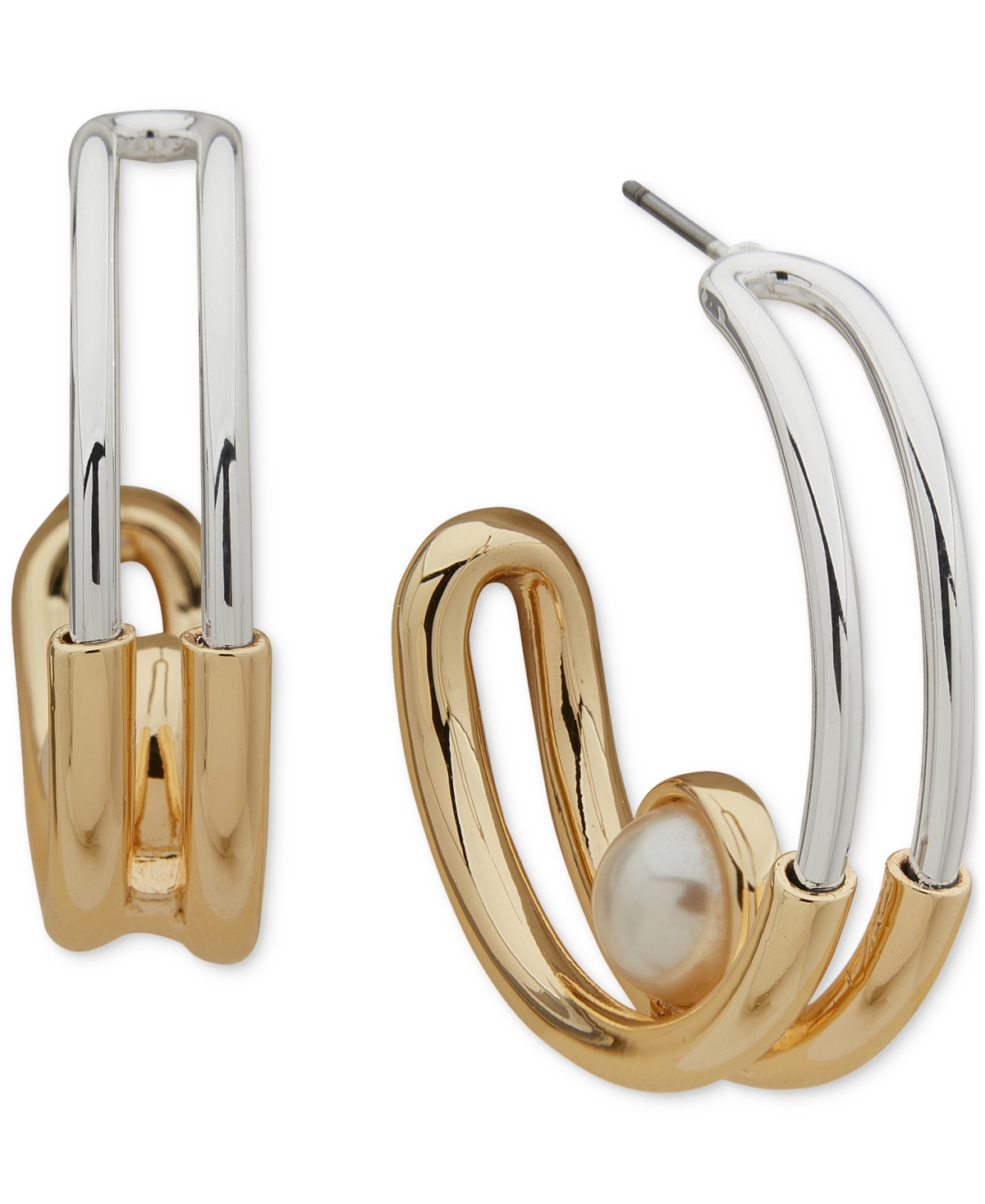 Two-Tone Medium Imitation Pearl Double-Row C-Hoop Earrings, 1.1" - Pearl
