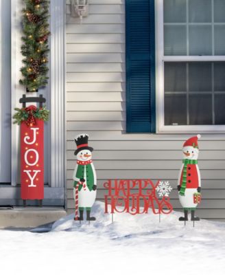 32"H Set of 3 Christmas Metal Snowman and HAPPY HOLIDAYS Yard Stake