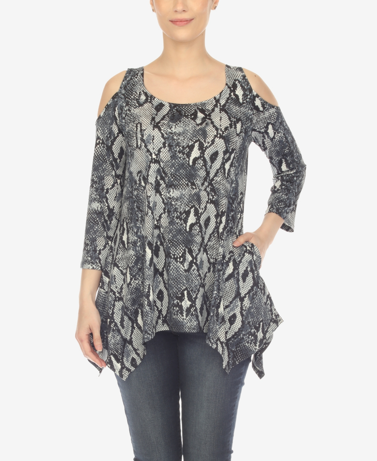 Shop White Mark Women's Snake Print Cold Shoulder Tunic In White