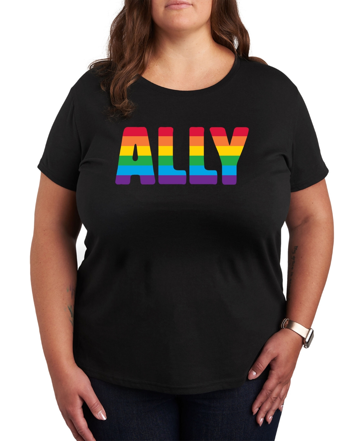 Hybrid Apparel Trendy Plus Size Pride Rainbow Ally Graphic T-shirt In Black