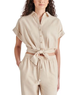 Steve Madden - Women's Tori Tie-Front Button-Down Elastic-Waist Cropped Top