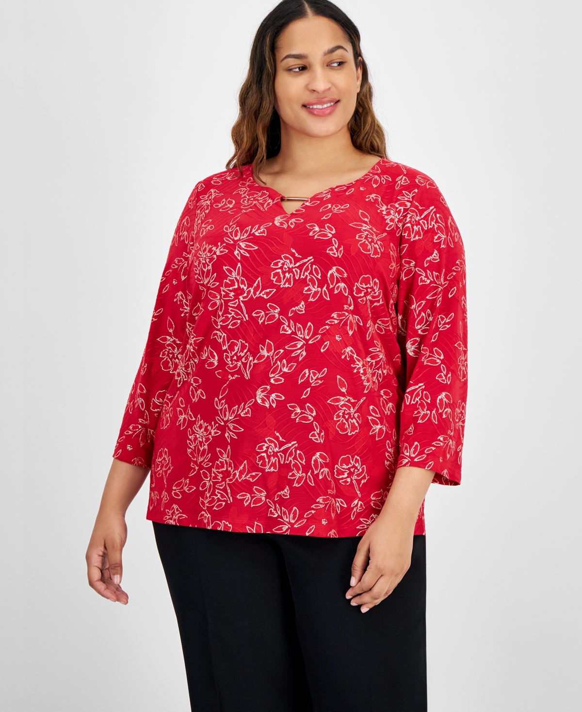 Jm Collection Plus Size 3/4-Sleeve Jacquard Top, Created for Macy's