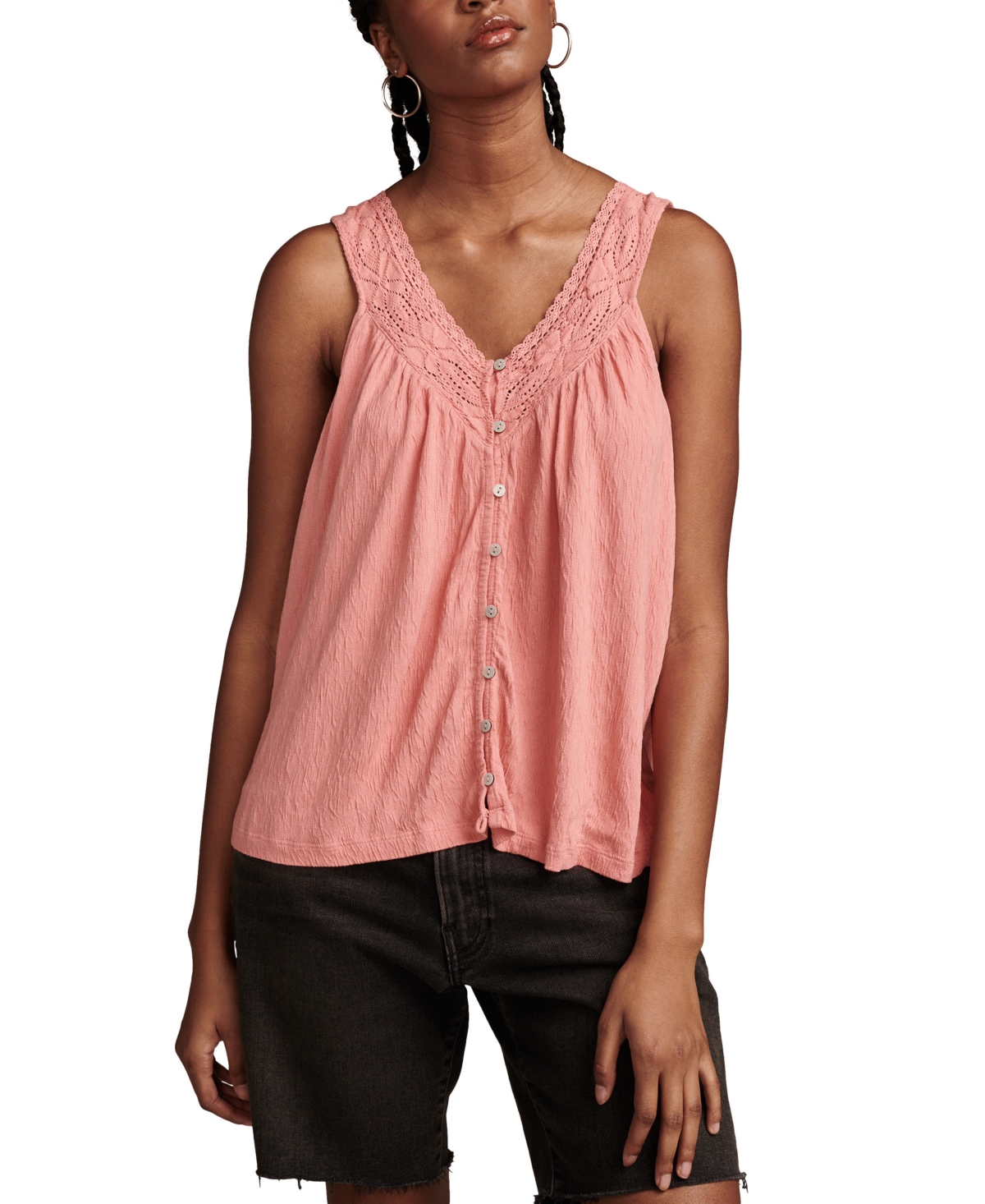 Shop Lucky Brand Women's Lace-trim V-neck Tank Top In Peach Blossom