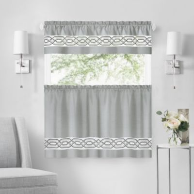 Pacifico Complete 3 Piece Rod Pocket Embroidered Tier & Valance Kitchen Curtain Set