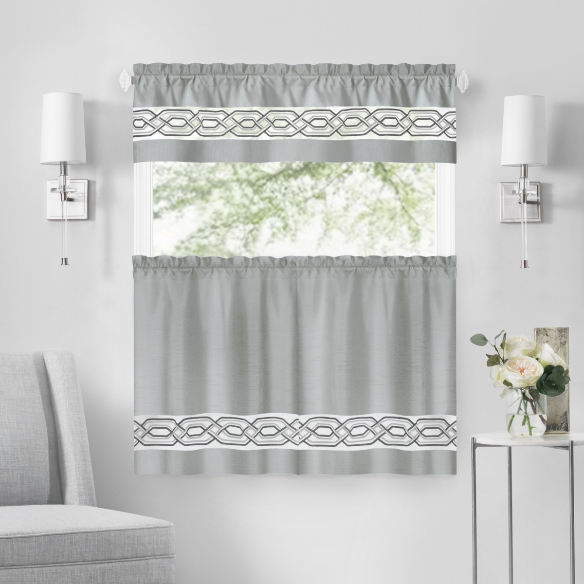 Kate Aurora Pacifico Complete 3 Piece Rod Pocket Embroidered Tier & Valance Kitchen Curtain Set