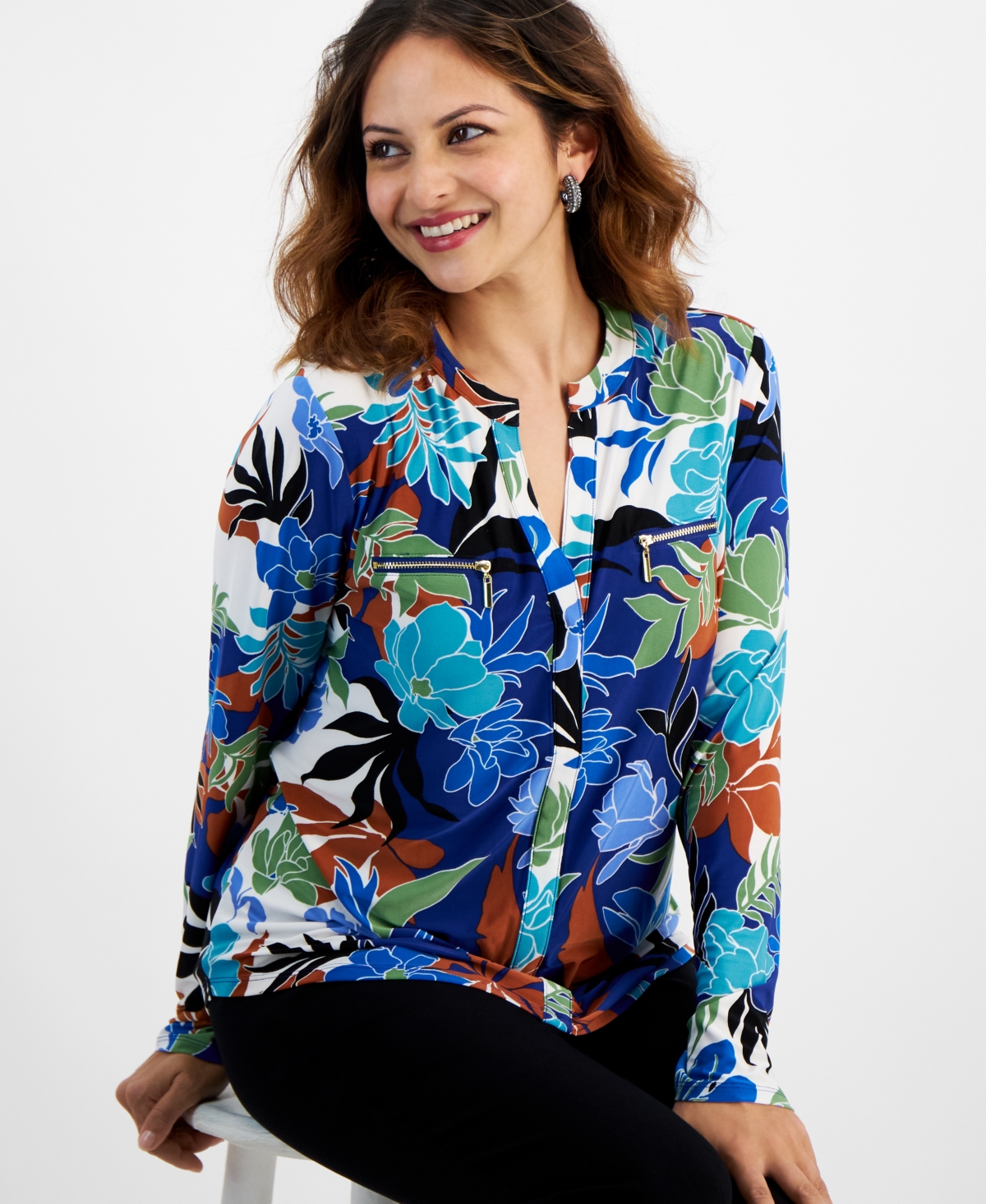 Petite Floral-Print Zippered-Pocket Top, Created for Macy's - Gabi Blooms