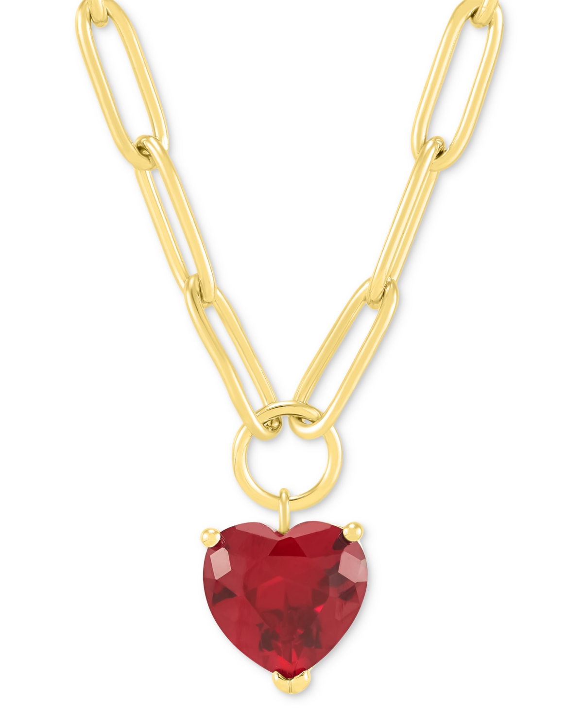 Macy's Lab-grown Ruby Heart Solitaire Paperclip Link Pendant Necklace (4-1/6 Ct. T.w.) In 14k Gold-plated S In Ruby