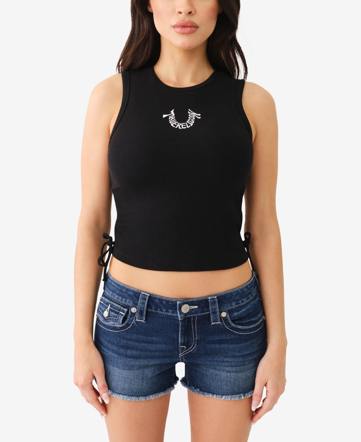 Women's Embroidered Side Rouched Tank - Black