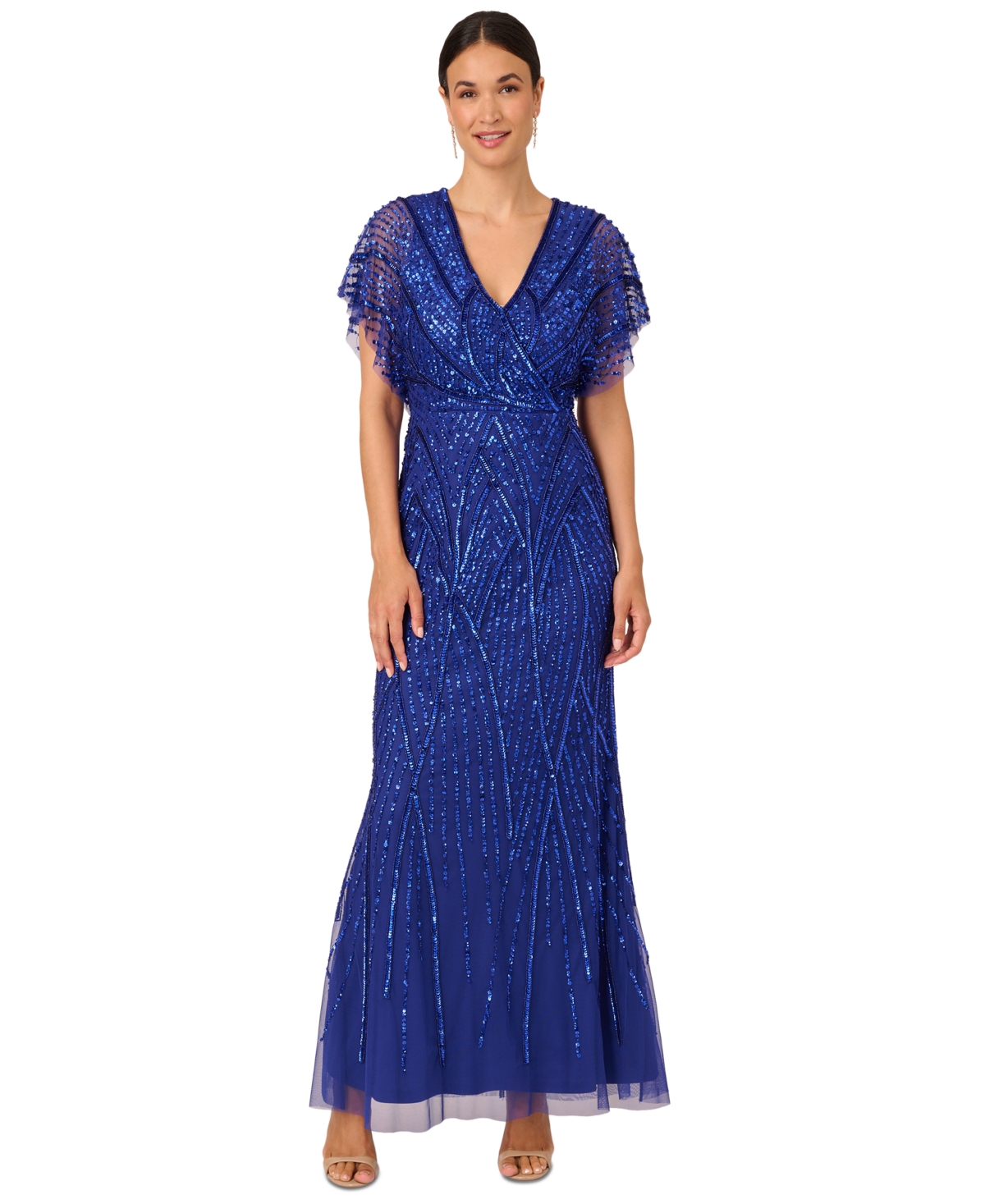 Petite Sequin Mesh Capelet-Sleeve Gown - Ultra Blue