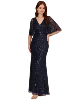 Adrianna Papell - Women's Sequin Mesh Capelet-Sleeve Gown