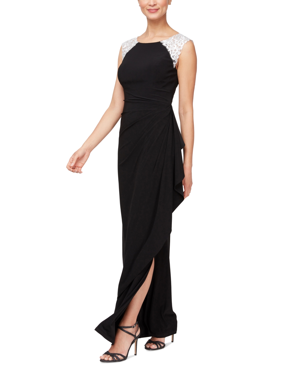 Petite Embellished-Shoulder Draped Gown - Black White