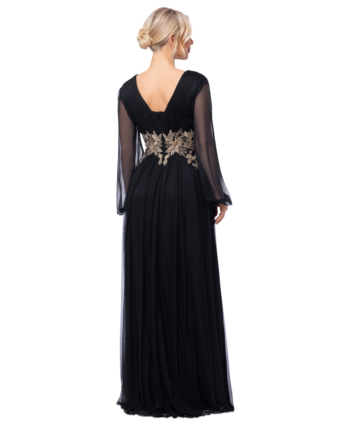 Betsy & Adam Women's Plunge-neck Blouson-sleeve Gown In Black,gold