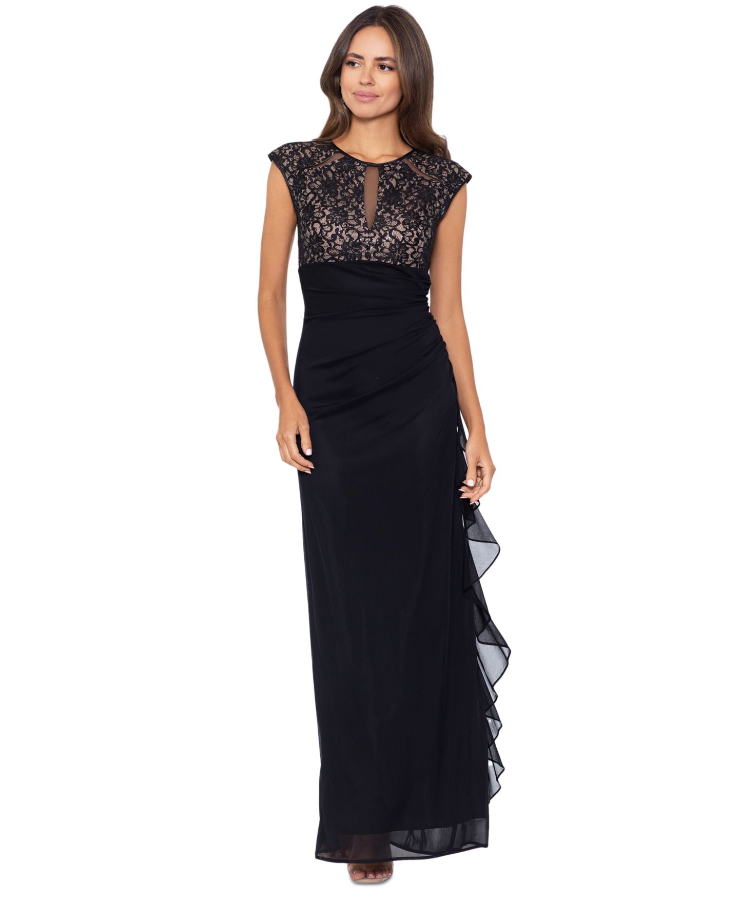 Женское платье B&A By Betsy and Adam Betsy & Adam Women'sCut-Out Lace Combo Gown, цвет: Чёрный / Телесный — фото 1