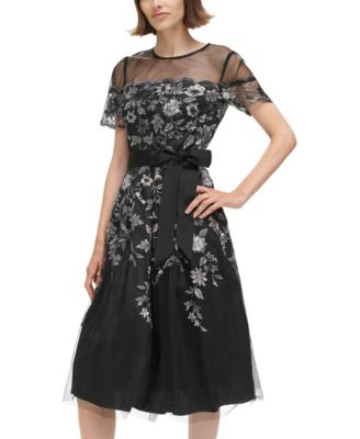 Eliza J Petite Embroidered Illusion Fit & Flare Dress - Macy's