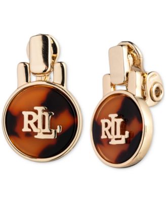 Lauren Ralph Lauren Gold Tone Tortoise Look Logo Clip On Drop Earrings