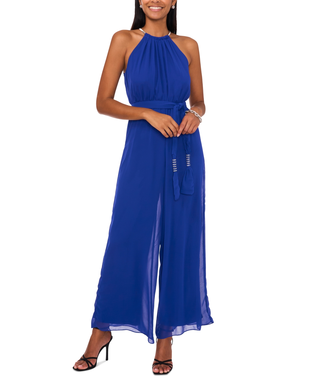 Msk Women's Halter Sleeveless Tie-waist Wide-leg Jumpsuit In Blue