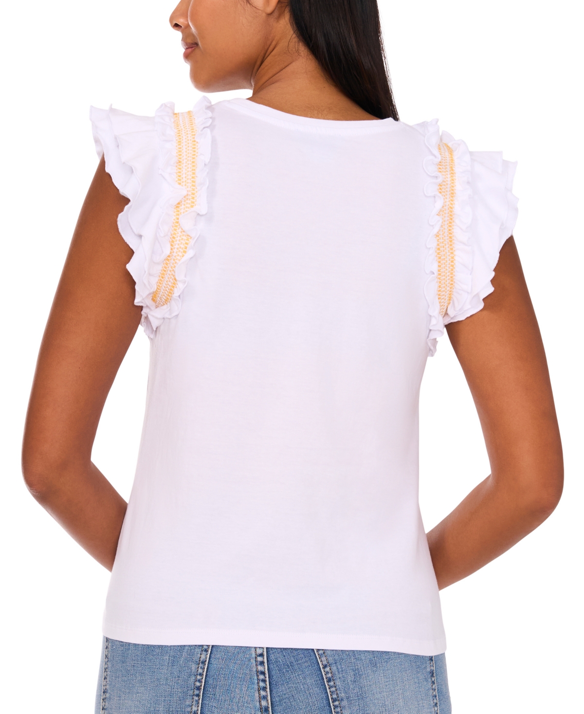 CeCe Women's Contrast-Trim Ruffle-Sleeve Cotton Top