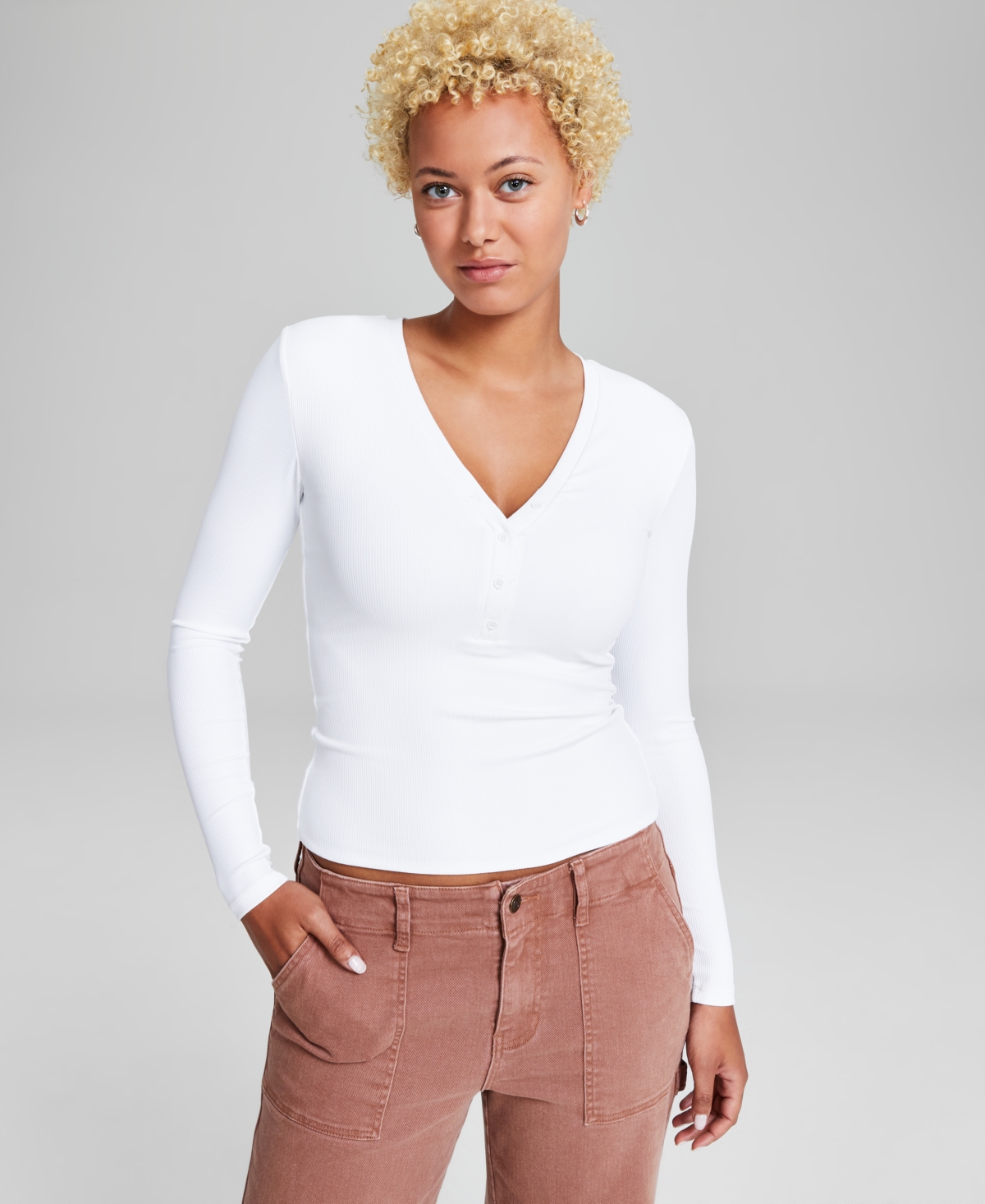 Women's Ribbed Henley-Neck Long-Sleeve Top, Created for Macy's - North Atlantic