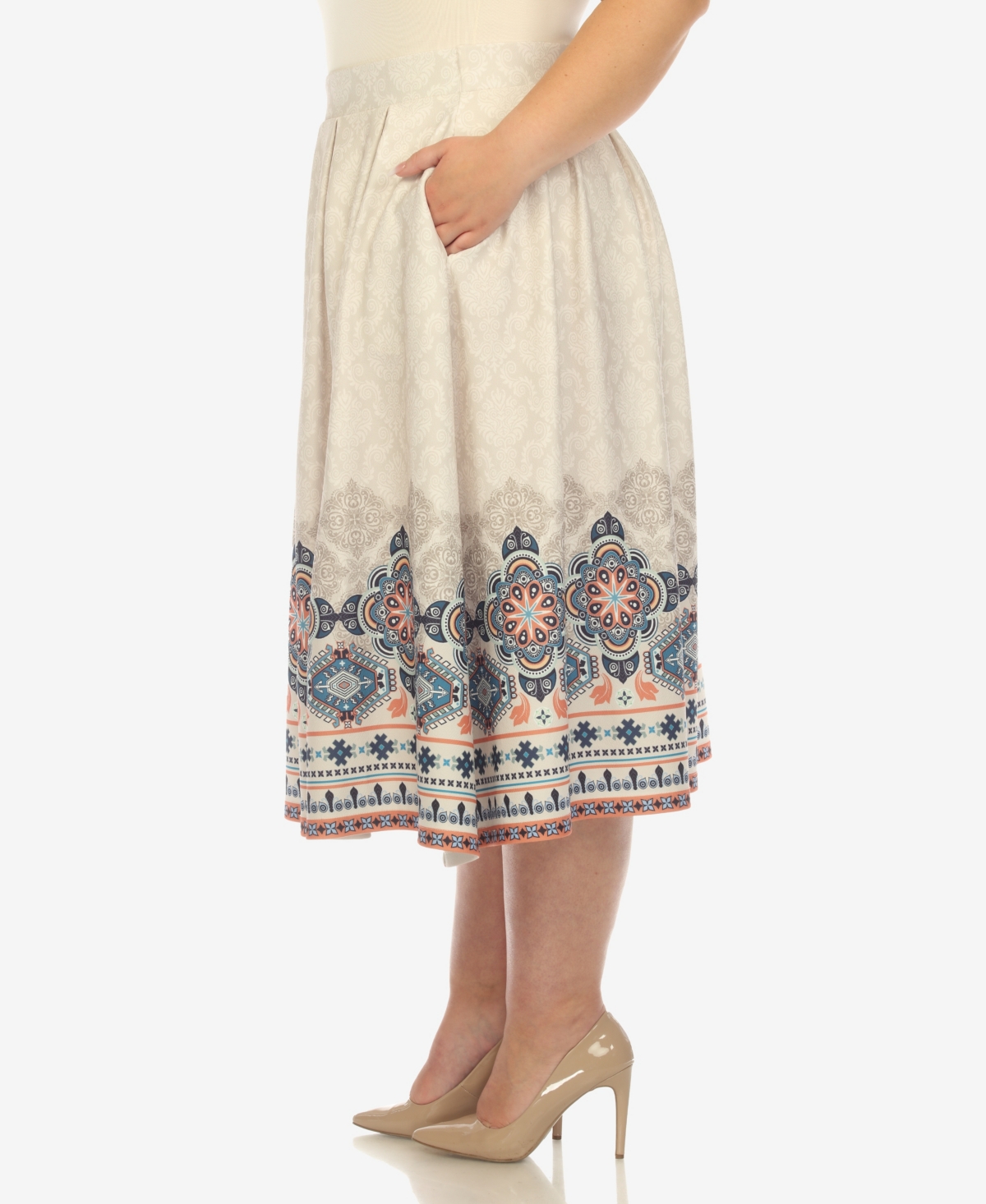 White Mark Plus Size Pleated Skirt With Border Print In Beige
