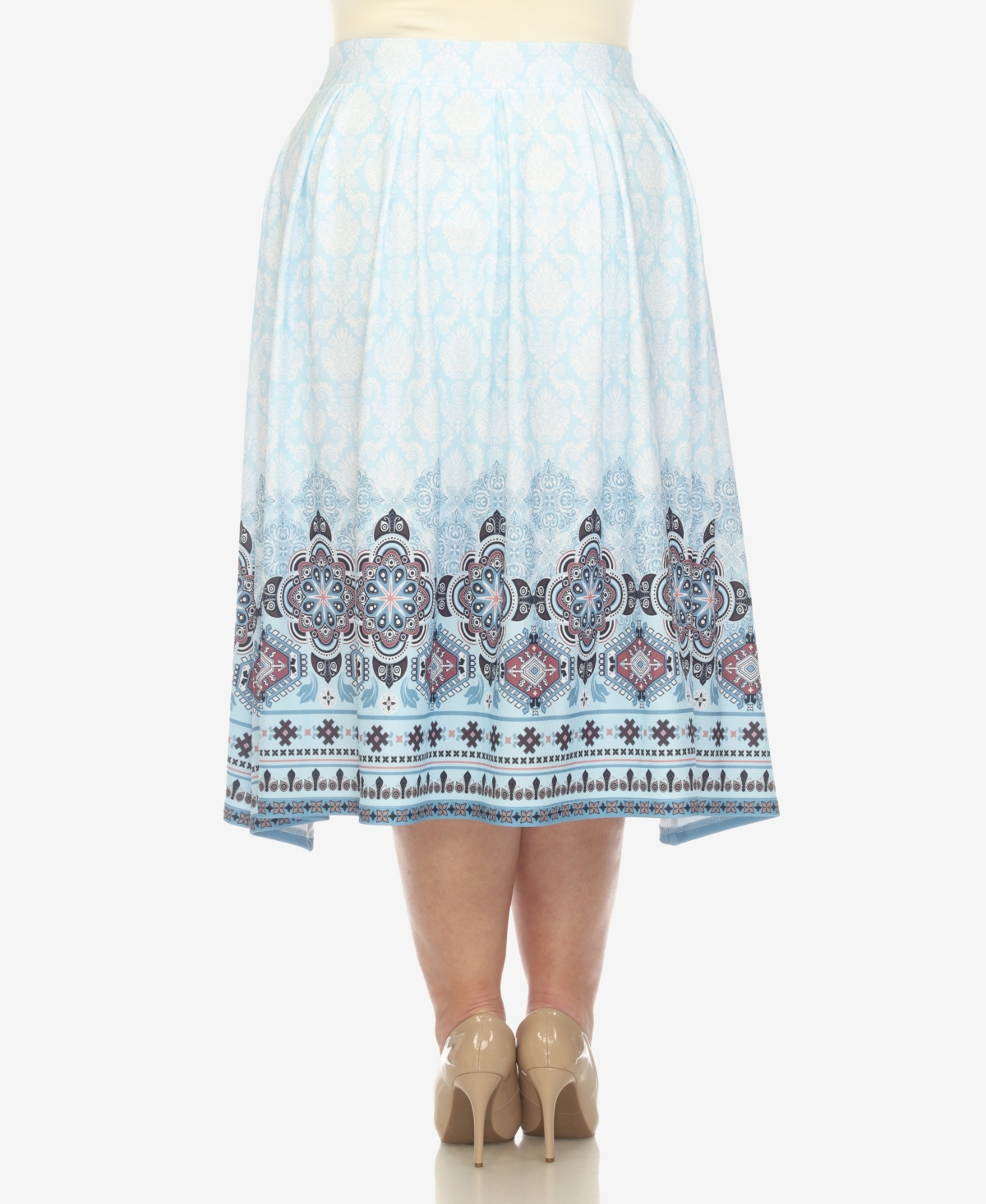 White Mark Plus Size Pleated Skirt With Border Print In Blue