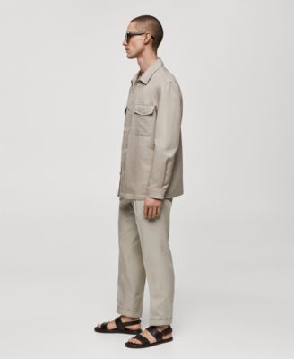 Shop Mango Mens Linen Pockets Detail Overshirt Pants Set In Light,pastel Grey