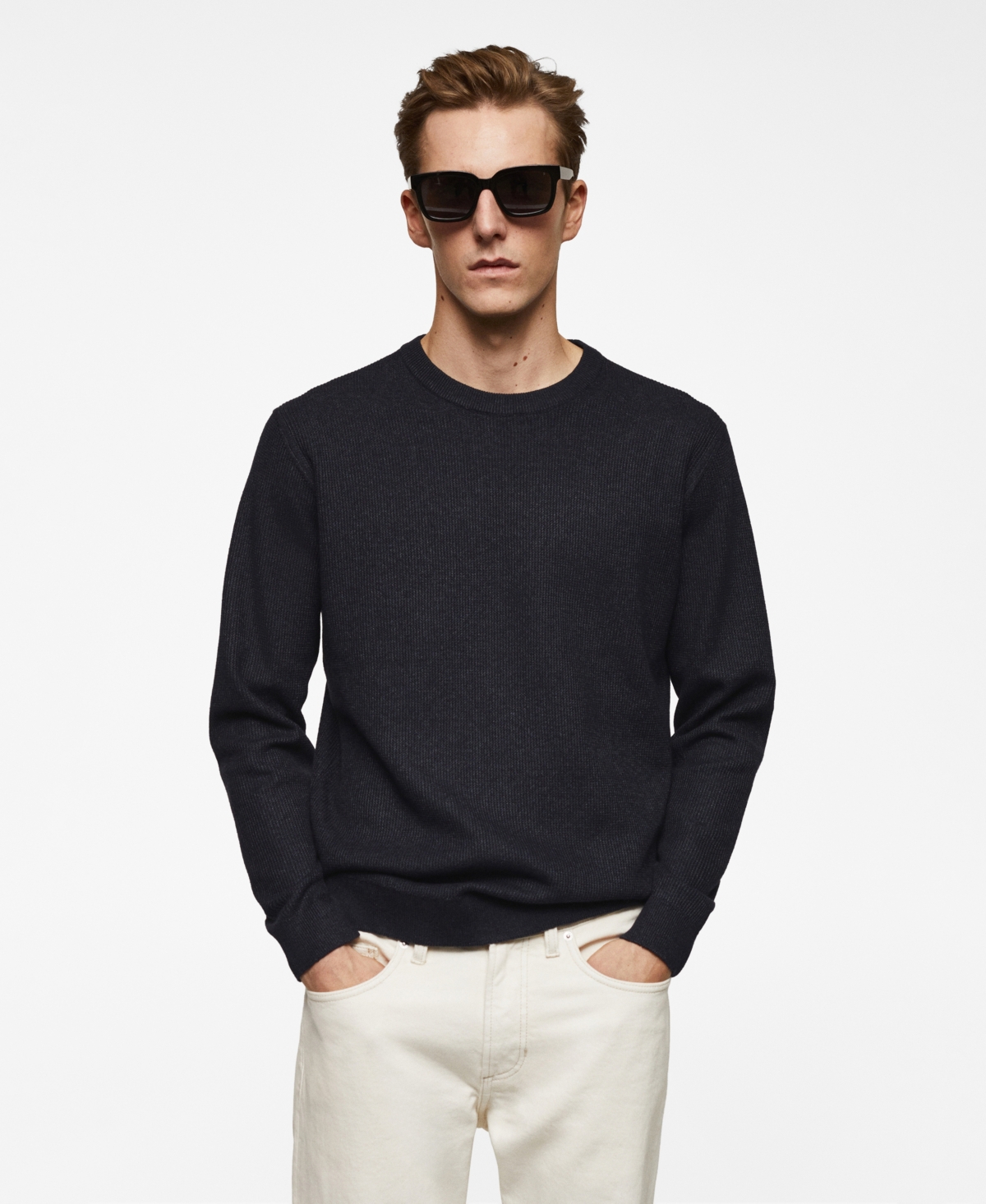 Men's Structured Cotton Sweater - Dark Navy