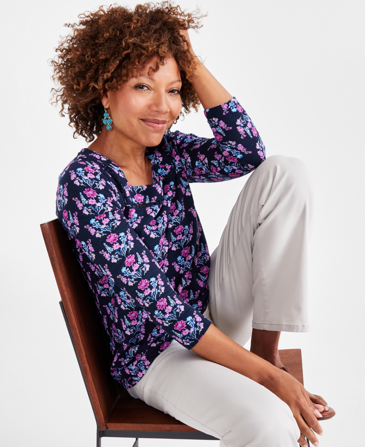 Style & Co Petite Mirrored Bouquet Square-Neck Cotton Top, Created for Macy's