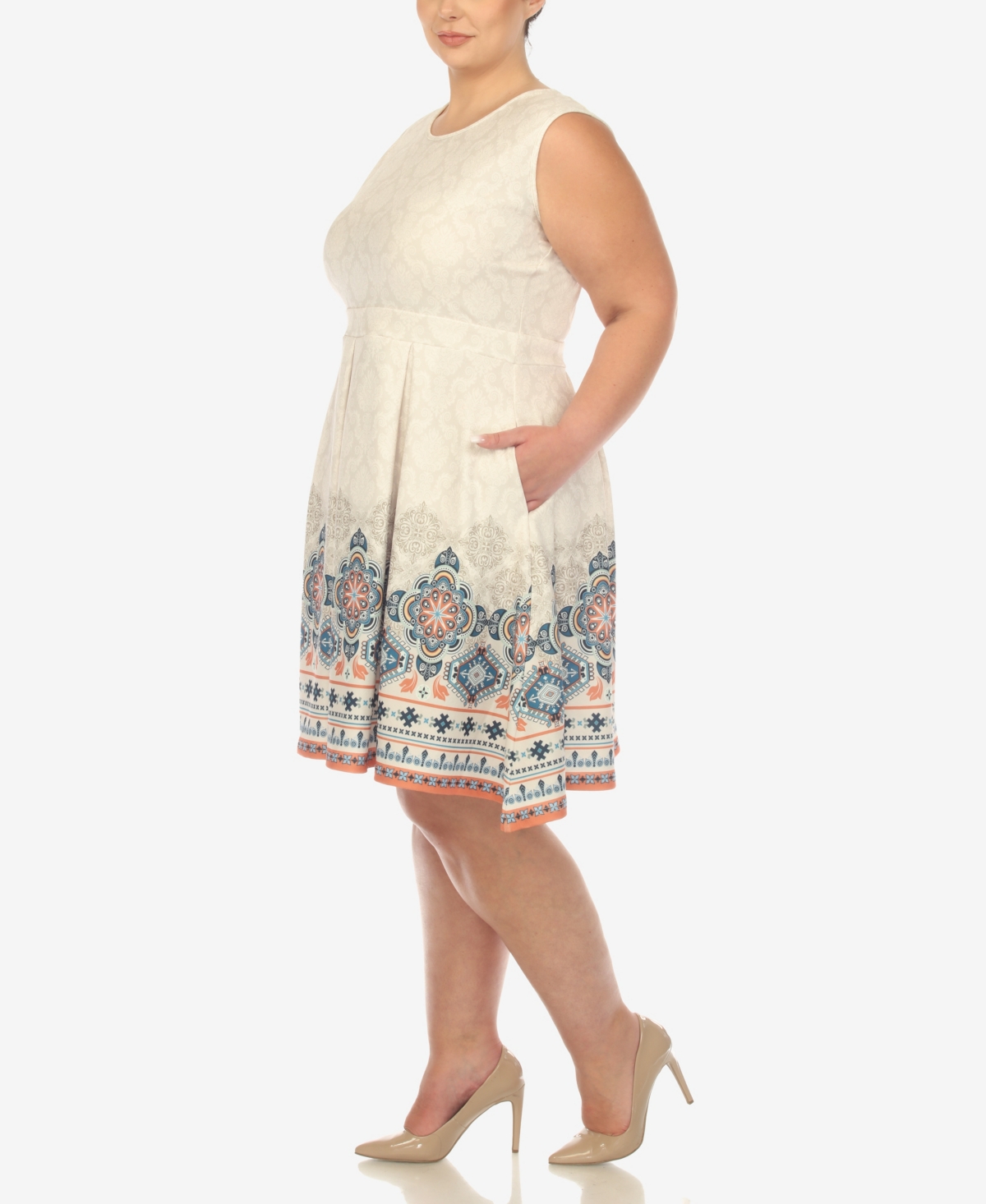 White Mark Plus Size Fit And Flare Knee Length Dress In Beige