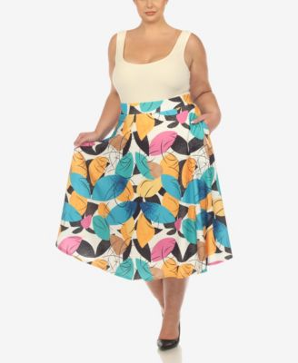 Plus Size Leaf Print Vintage Flared Midi Skirt