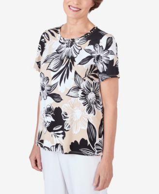 Women's Pleated Neck Bold Floral Short Sleeve Tee