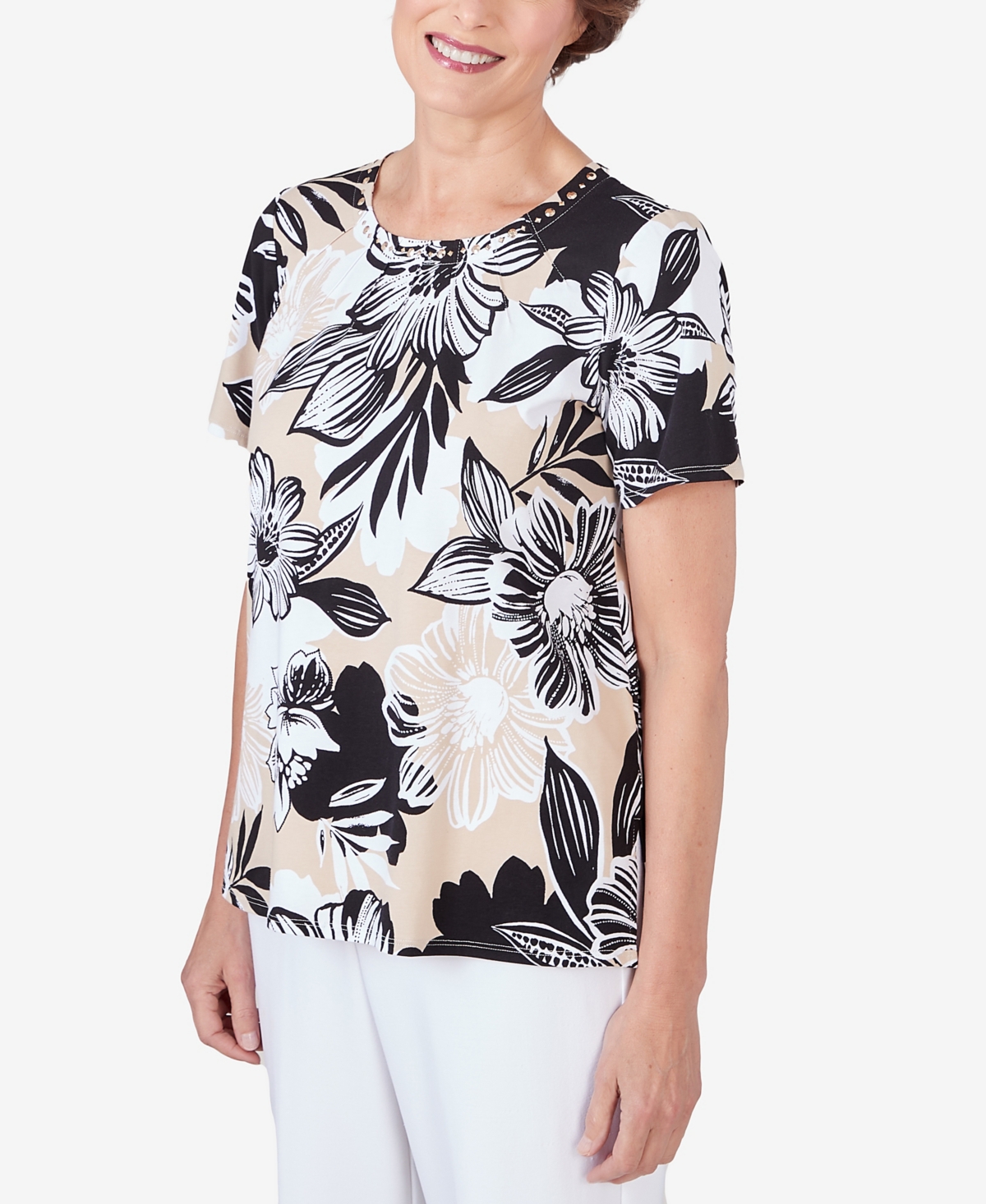 Shop Alfred Dunner Women's Pleated Neck Bold Floral Short Sleeve Tee In Black,tan