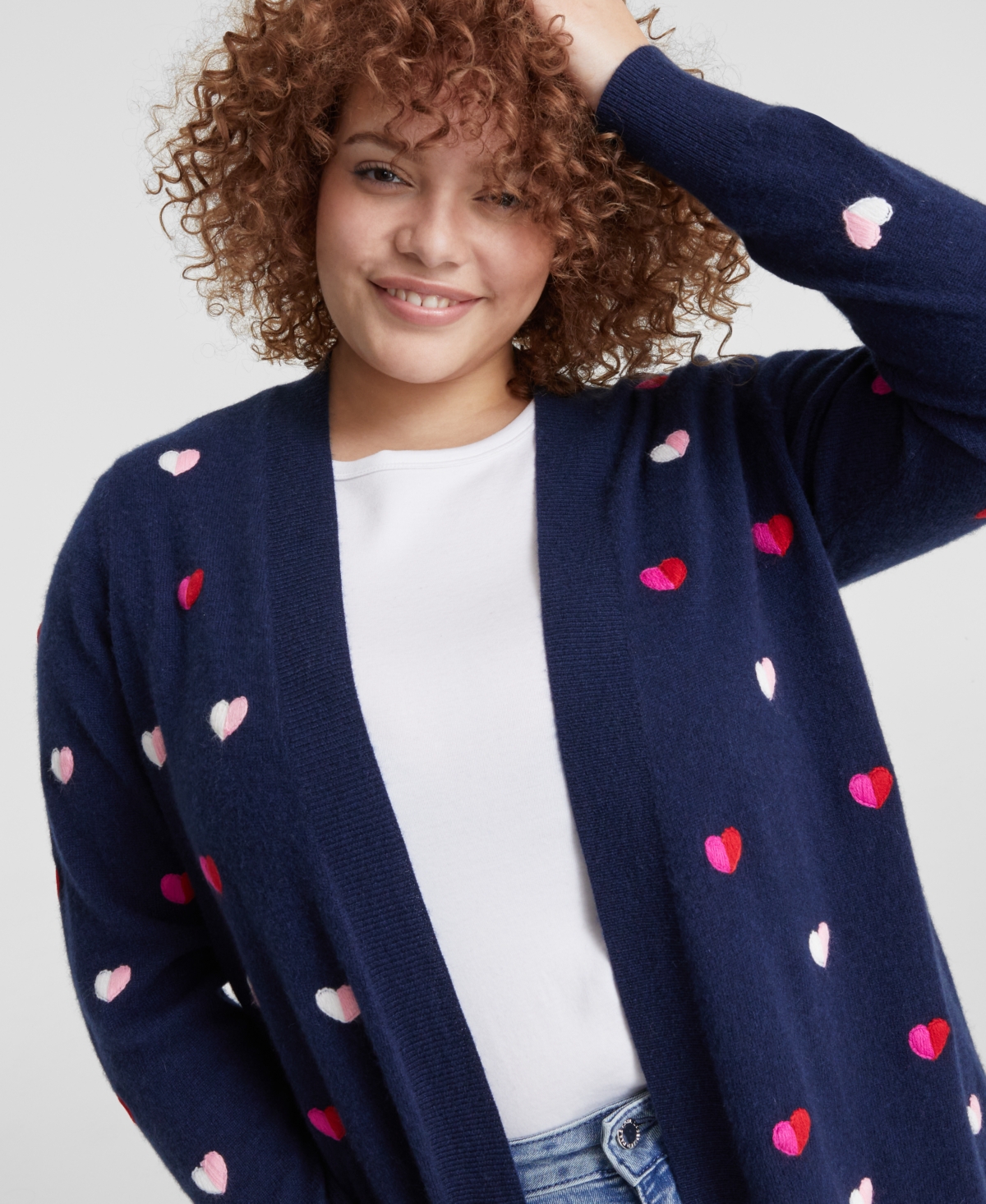 Charter Club Plus Size Cashmere Embroidered-Heart Cardigan, Created for Macy's