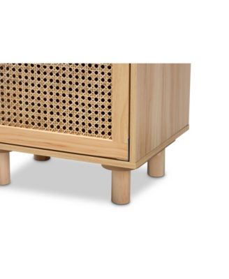 Maclean Mid-Century Modern Rattan and Natural Brown Finished Wood 1-Door End Table