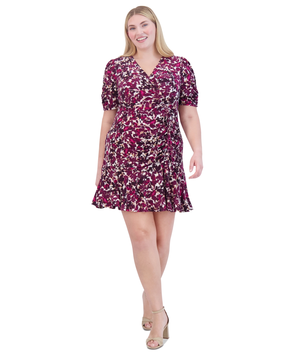 Plus Size Floral-Print Ruched Dress - Berry