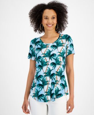 売れ筋商品|||ジェイエムコレクション カットソー トップス レディース Women's Floral Printed Scoop-Neck Short Sleeve Top, Exclusively at Macy's Floral Black Combo JM Collection Women's Printed Scoop-Neck Short Sleeve Top