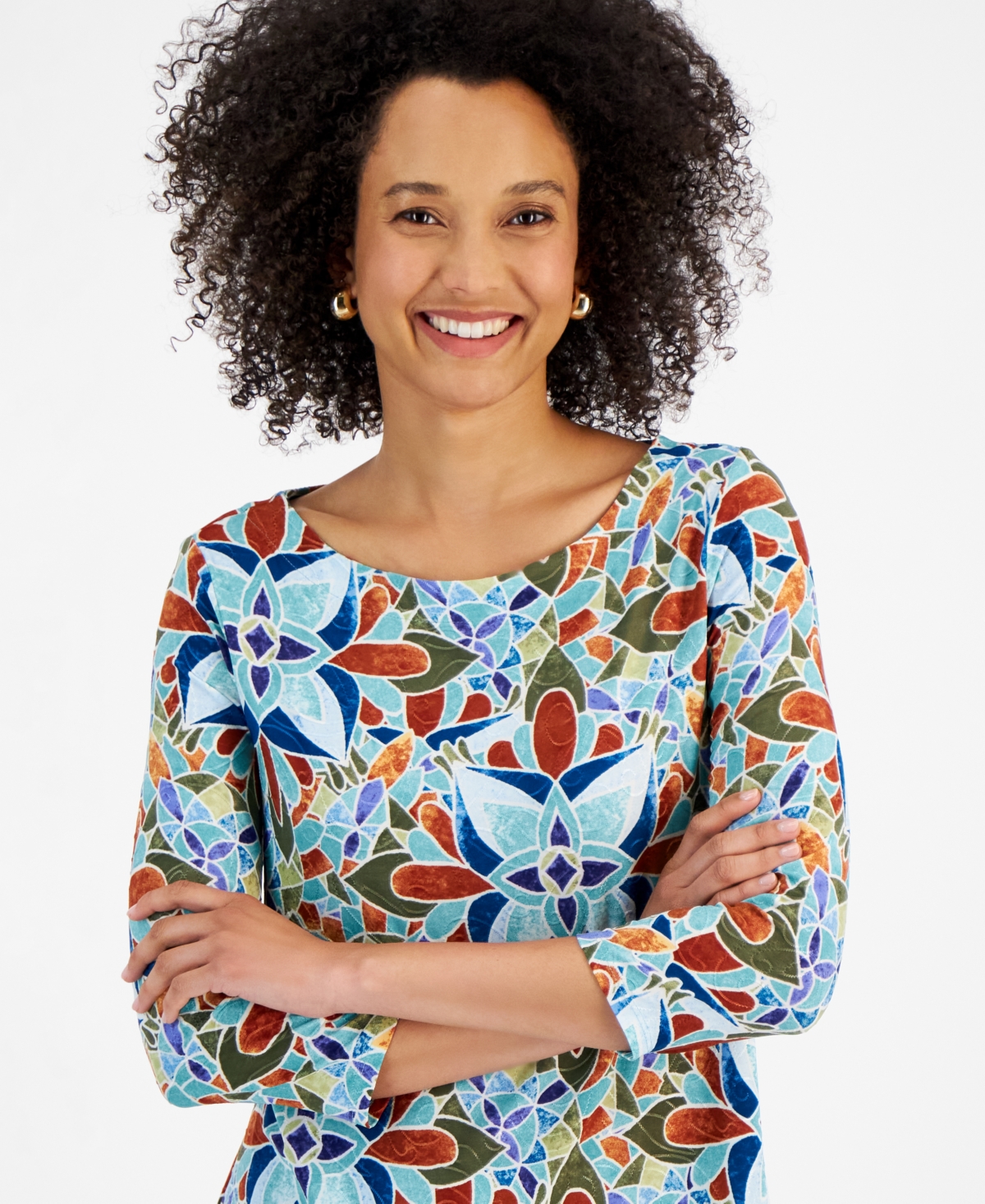 Jm Collection Women's Printed 3/4 Sleeve Jacquard Top, Created for Macy's