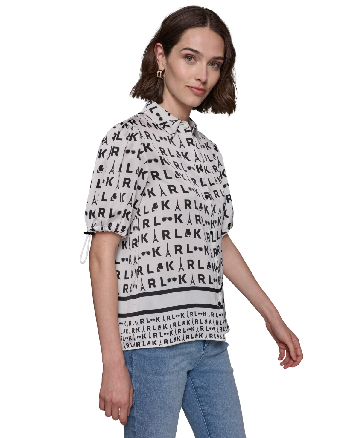Karl Lagerfeld Paris Women's Printed Bungee-Sleeve Button-Down Top - Soft White  Black
