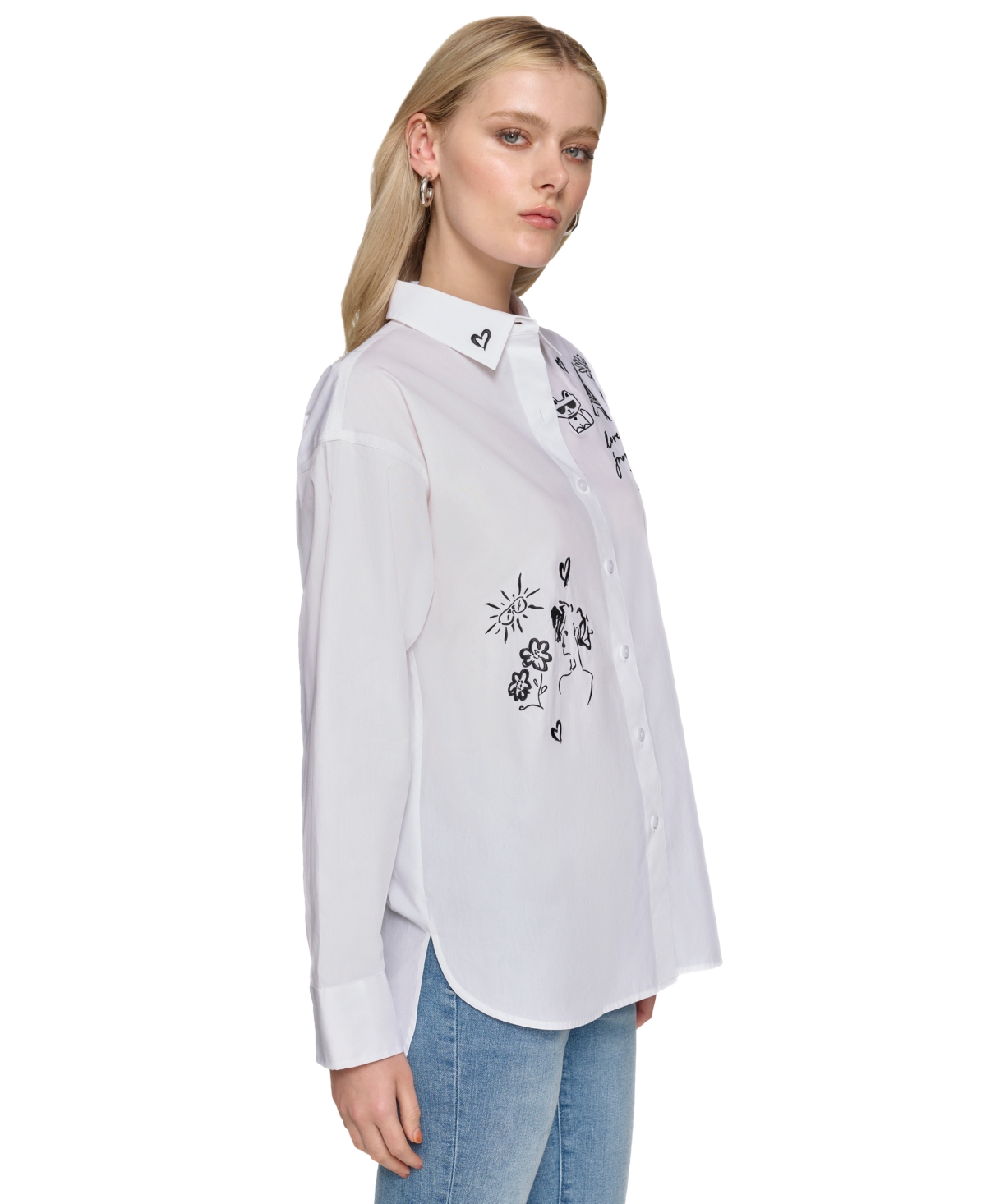 Karl Lagerfeld Paris Women's Cotton Oversized Whimsy Shirt - White  Black