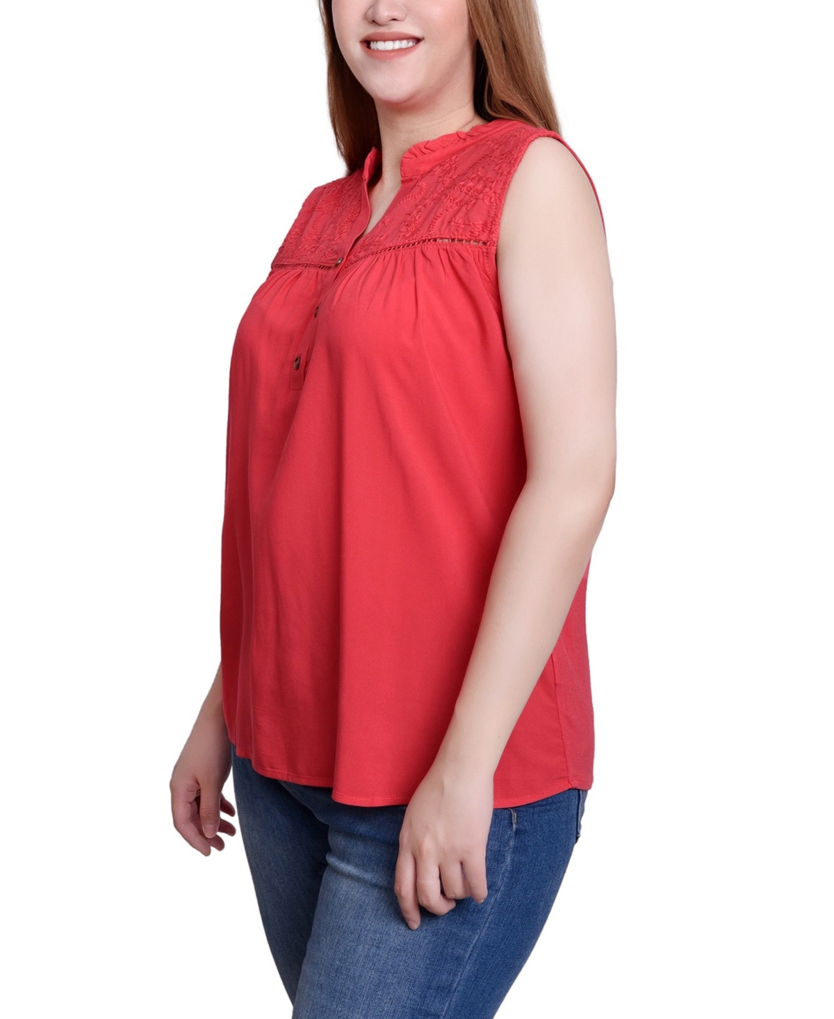 Ny Collection Petite Sleeveless Yoked Blouse Top In Chinese Red