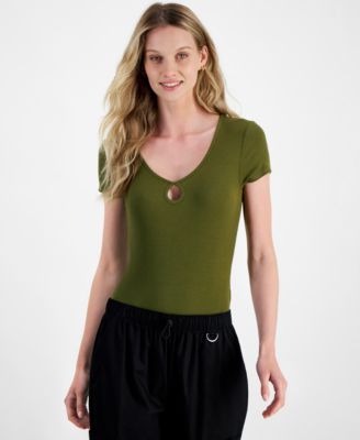 Self Esteem - Juniors' U-Neck Short-Sleeve Keyhole Bodysuit