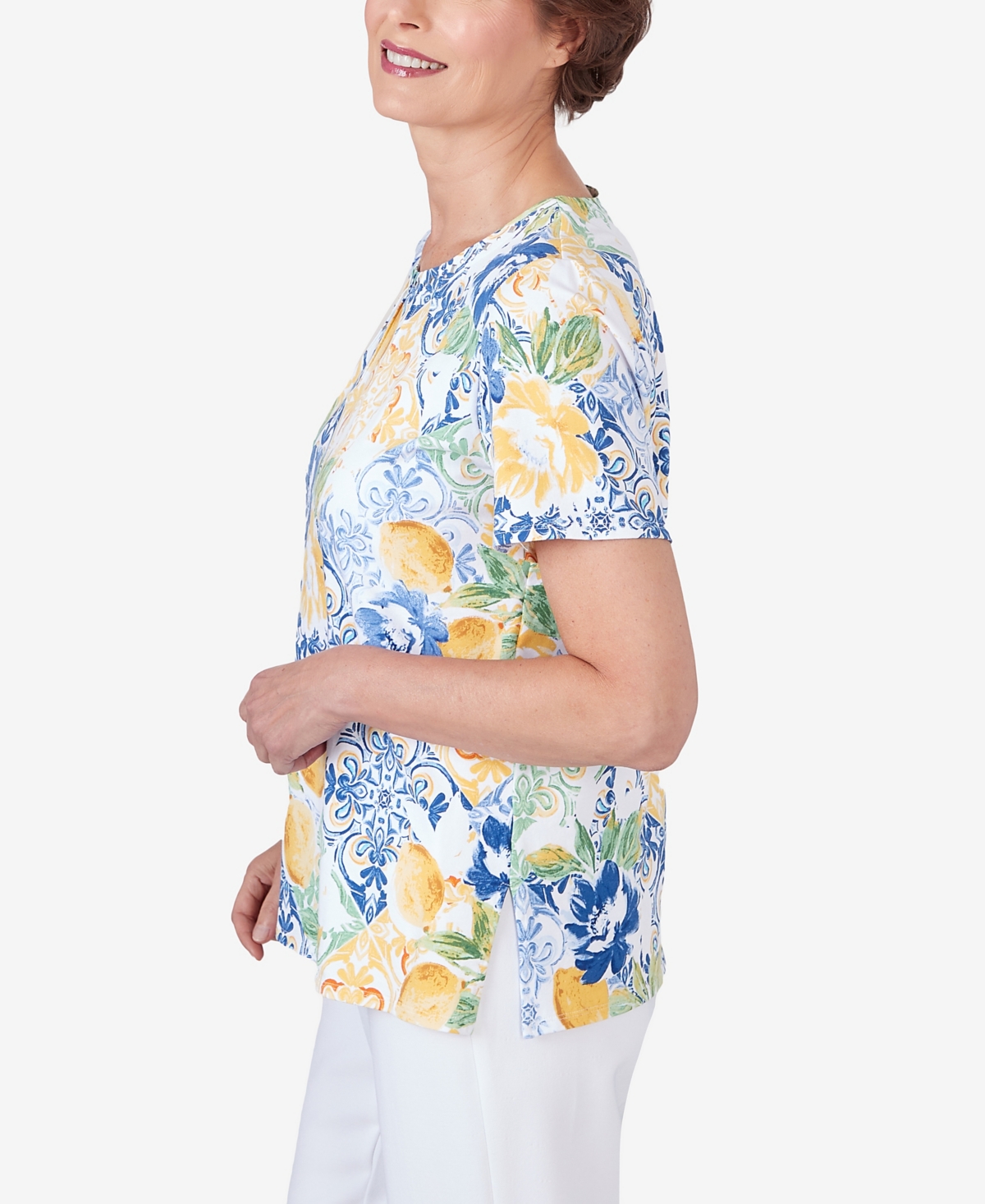Alfred Dunner Petite Lemons Pleated Neck Short Sleeve Top