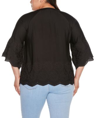 Black Label Plus Size Raglan 3/4-Sleeve Embroidered Top