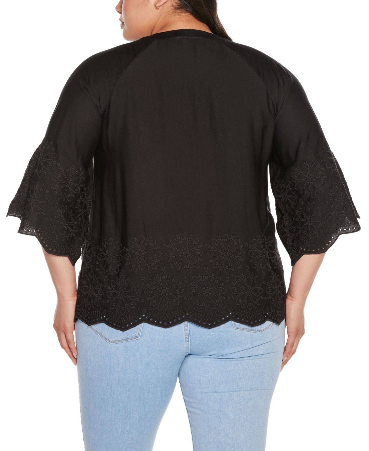 Женский топ Belldini Black Label Plus Size Raglan 3/4-Sleeve Embroidered, цвет: Чёрный — фото 2