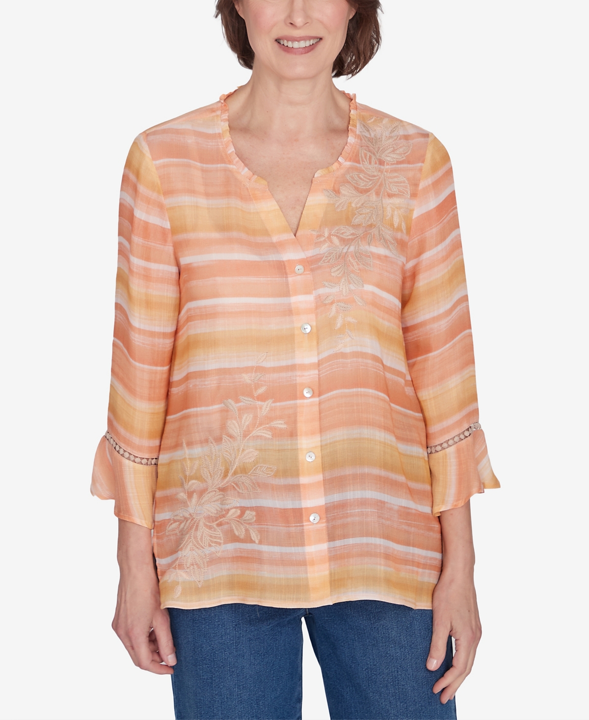 Petite Scottsdale Warm Stripe Floral Embroidered Top - Apricot