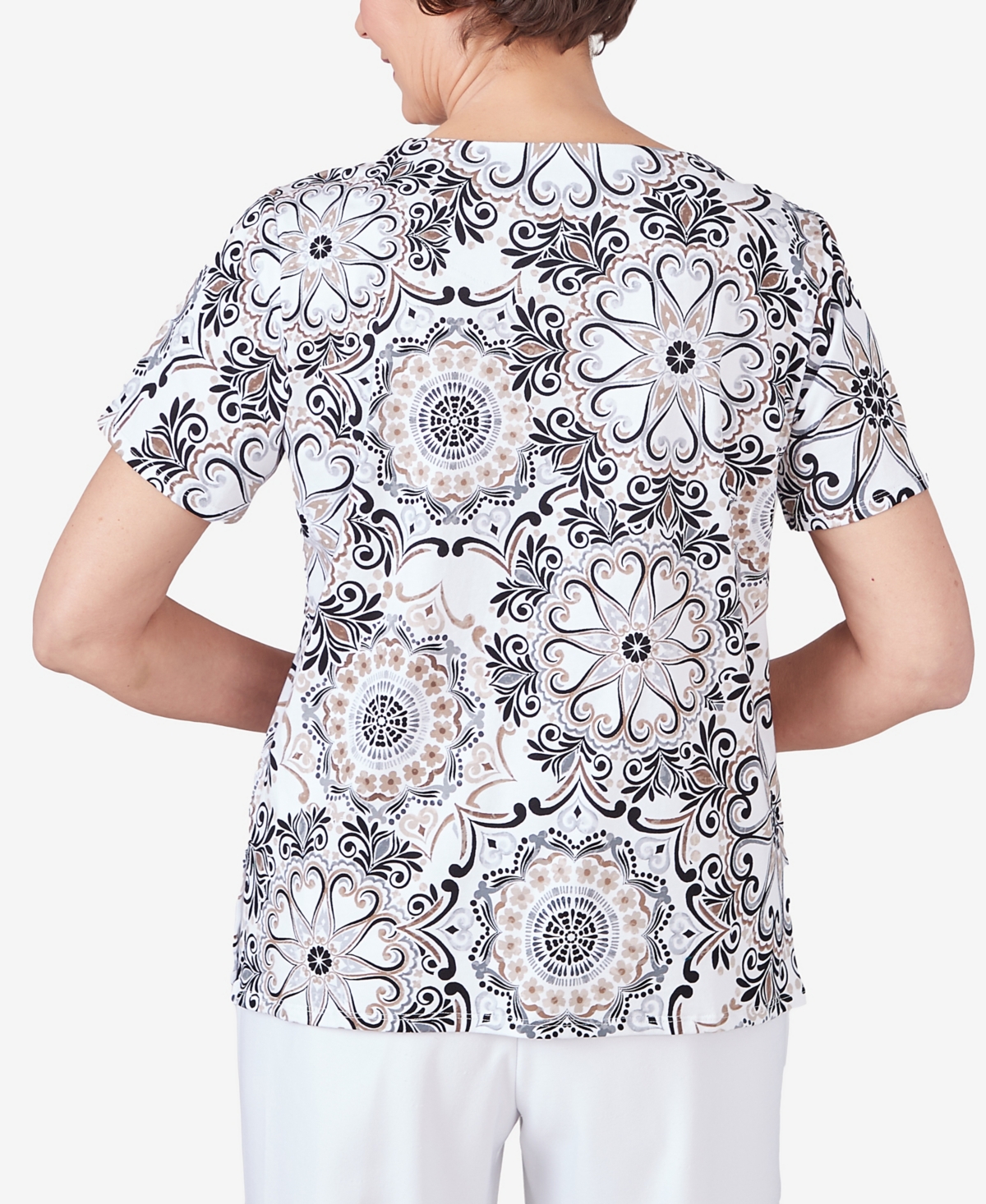 Alfred Dunner Petite Geo Medallion Short Sleeve Crew Neck Tee -Tan